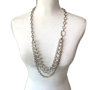 Glass Pearl Beaded Necklace Y2K Triple Strand on Single Strand Long Silver Tone